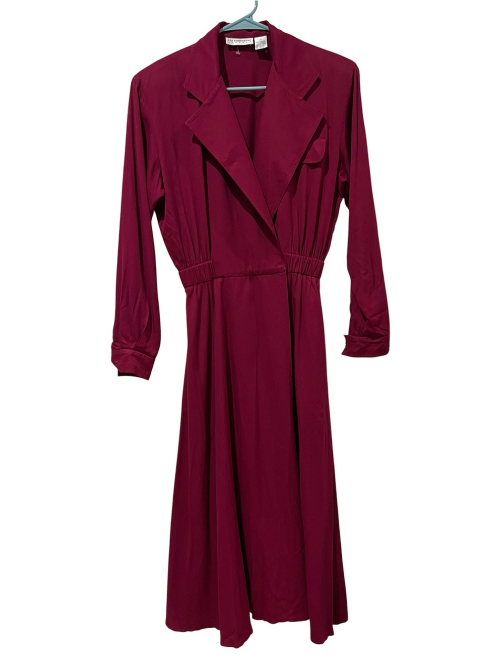 Liz Claiborne Sz4 Vintage Wine Long Sleeve Faux Wrap Midi Dress, Shoulder Pads
